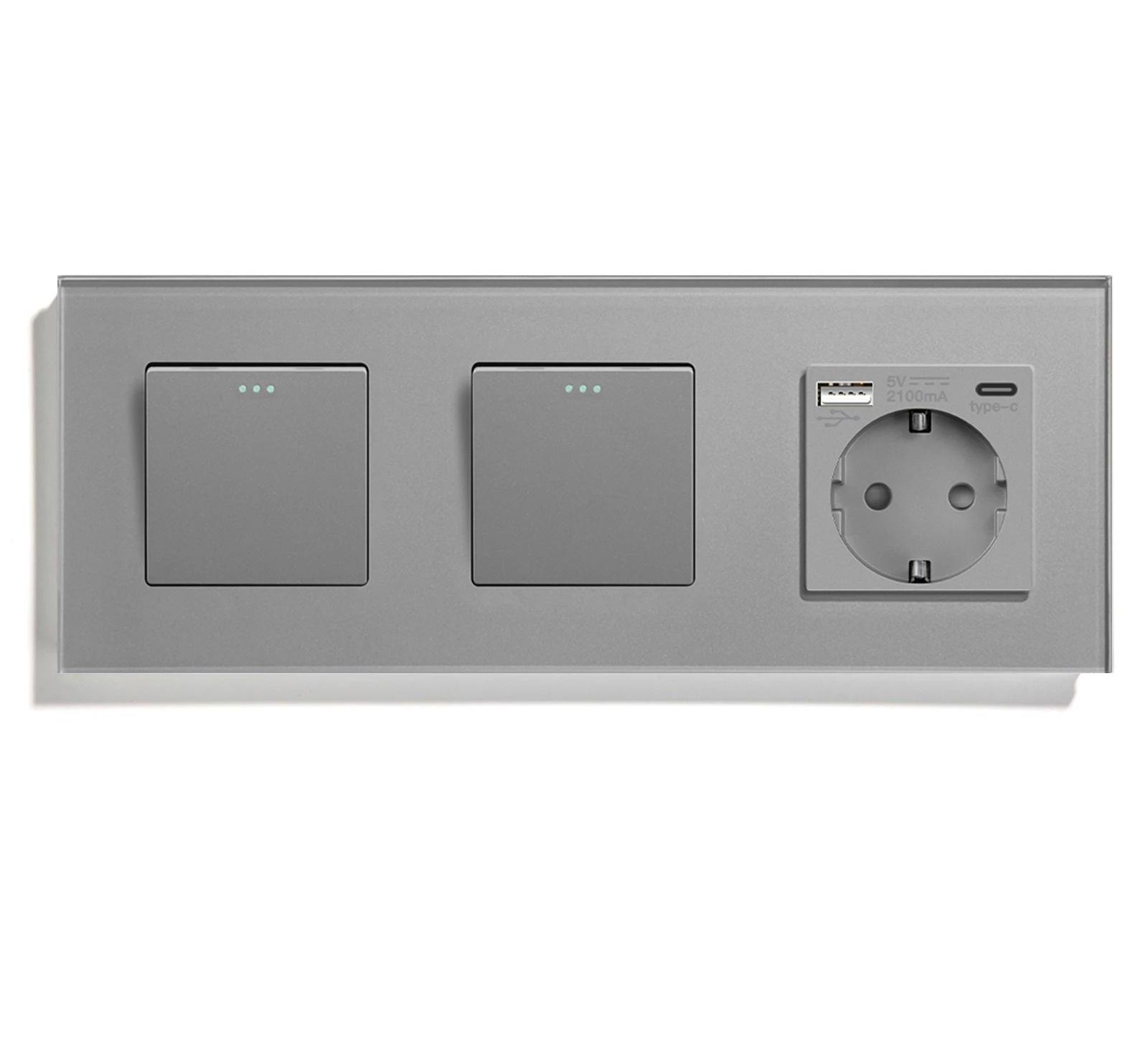 Выключатель перекрестный LUXION 2-клавишный 1-1 с розеткой USB A+C 20Вт с заземлением 16А 230 В стекло Серый