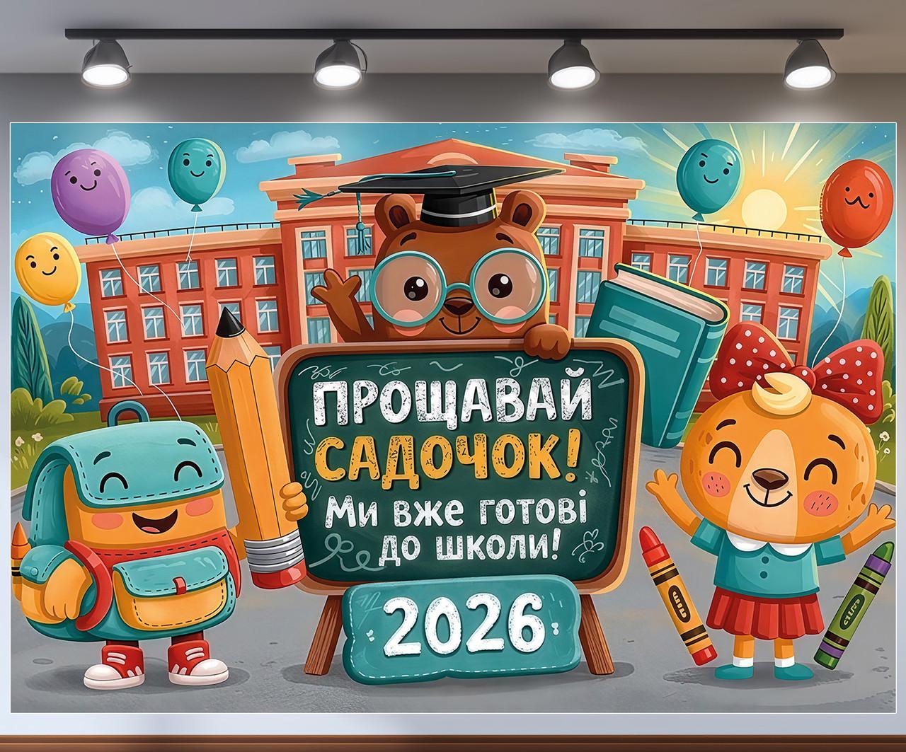 Баннер на выпускной в садике "Ми вже готові до школи" мишка и лисичка 240x160 см