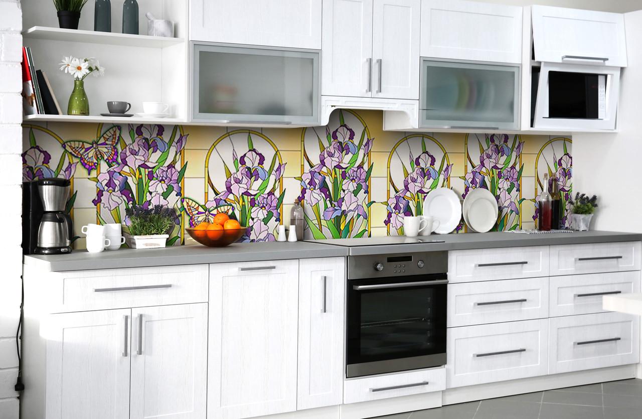 Кухонный фартук Ирисы витраж из самоклеящейся виниловой пленки 60х300 см Фиолетовый Кухонный фартук Ирисы витраж из самоклеящейся виниловой пленки 60х300 см Фиолетовый