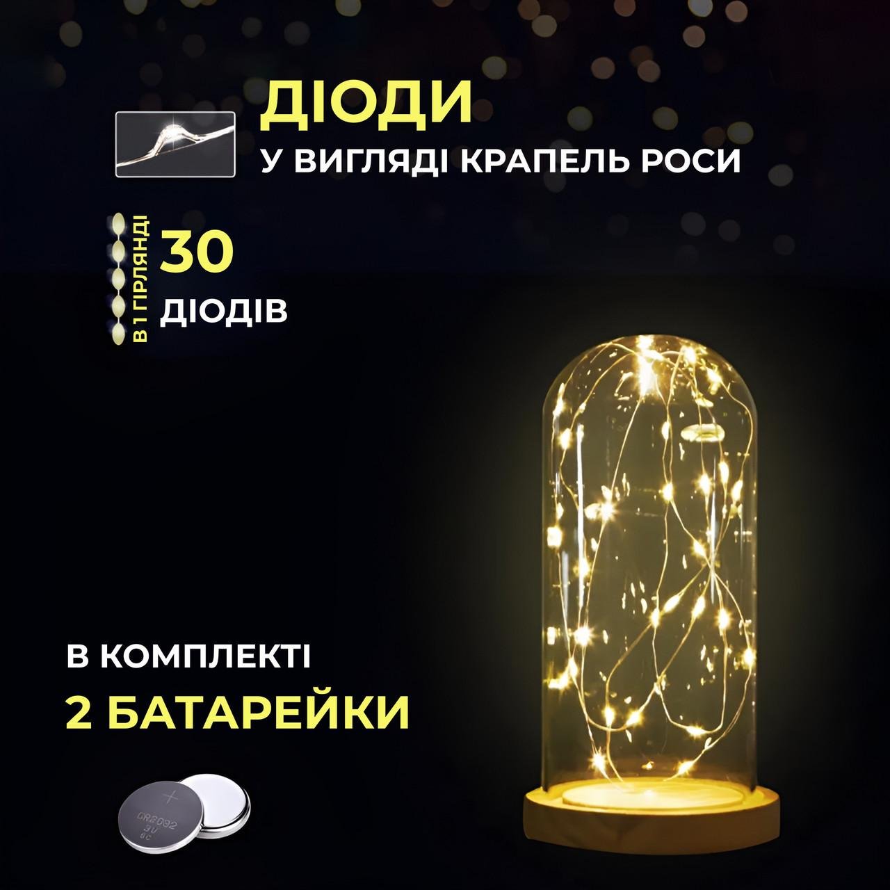 Гірлянда світлодіодна Роса 3 метри на батарейках 30 led нитка на зеленому дроті Жовтий (30L3MGY) - фото 4