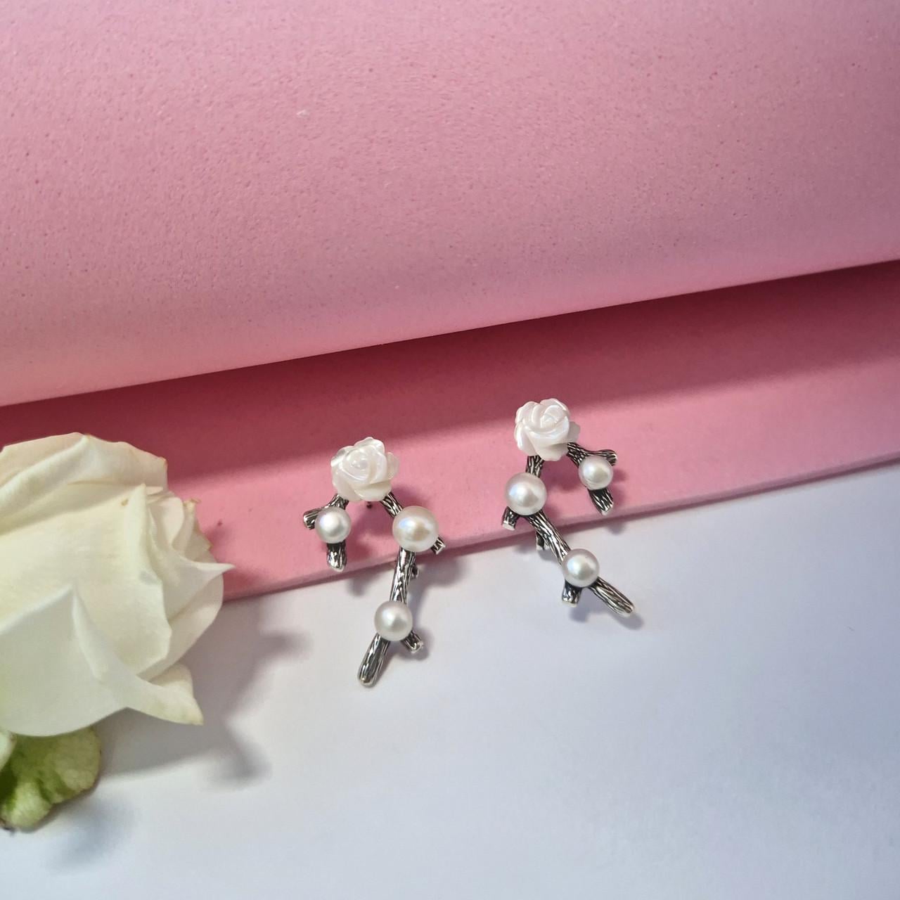 Серебряные серьги с жемчугом Киото Серебро 925 пробы черненое 5 г Белый (20235/1)