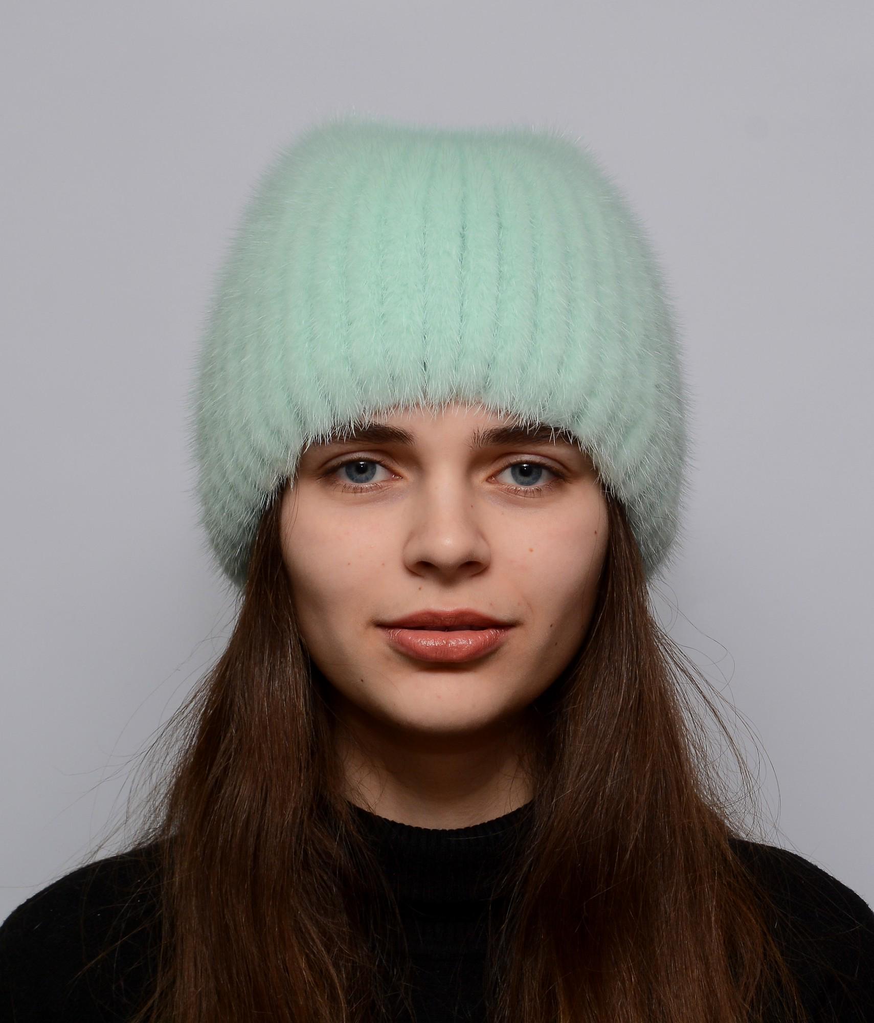 Жіноча шапка з в'язаної норки Хутряний стиль Метелик натуральне хутро XL-XXL М'ята (113/Е)