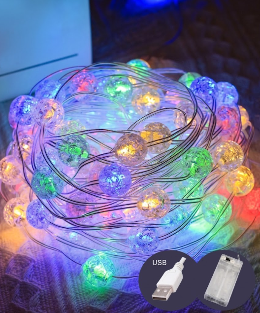 Гирлянда хрустальные шарики 50 LED 5 м на батарейках/USB Разноцветный (FFJ00152)