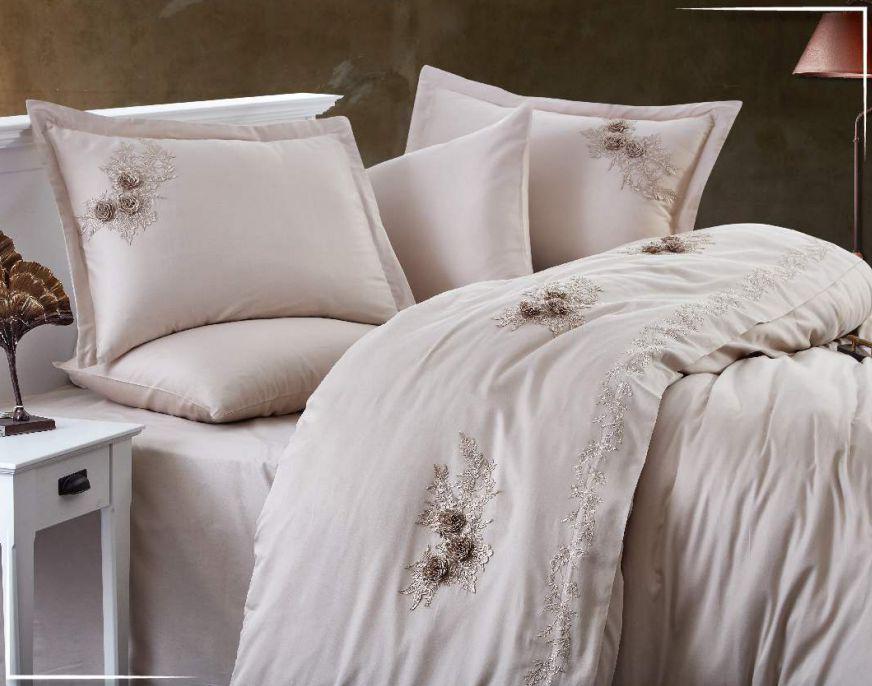 Постельное белье Dantela Safir bej Сатин с вышивкой Евро