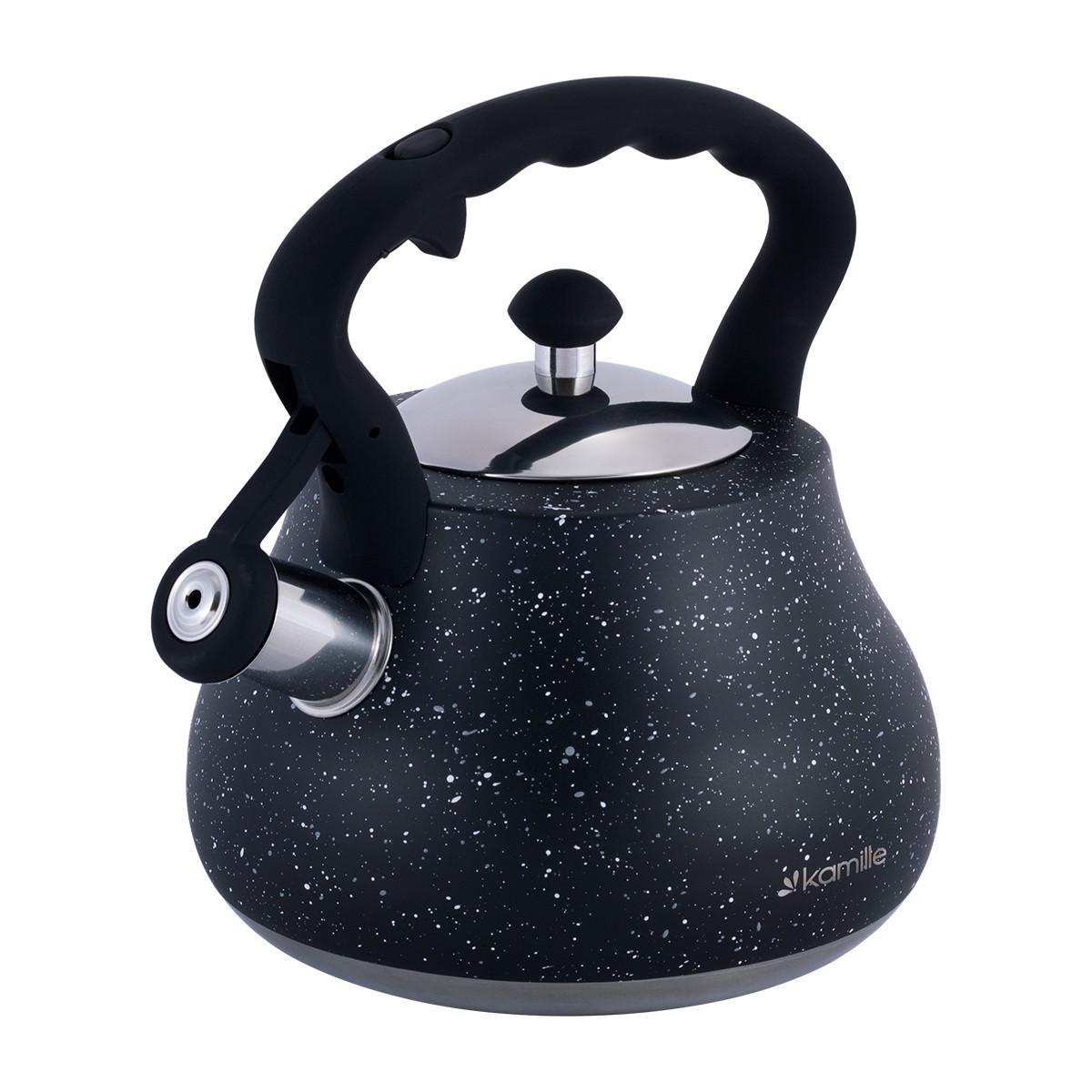 Чайник Kamille KM-1091 из нержавеющей стали со свистком и нейлоновой ручкой для всех типов плит 2,7 л Черный (29-84-1091BL)
