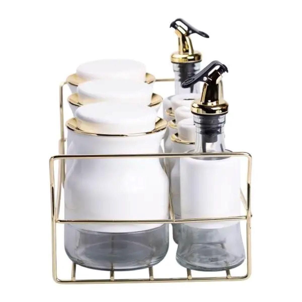 Набір для спецій на підставці з пляшками для олії та оцту 8 предметів Білий (HP-1360W) - фото 4