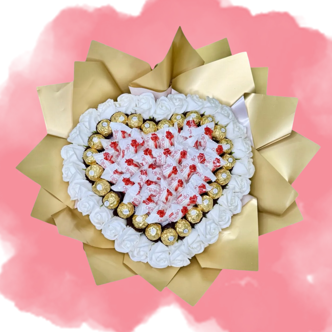 Букет із цукерок Raffaello & Rocher Harmony та білих мильних троянд на подарунок (bgfdfg)