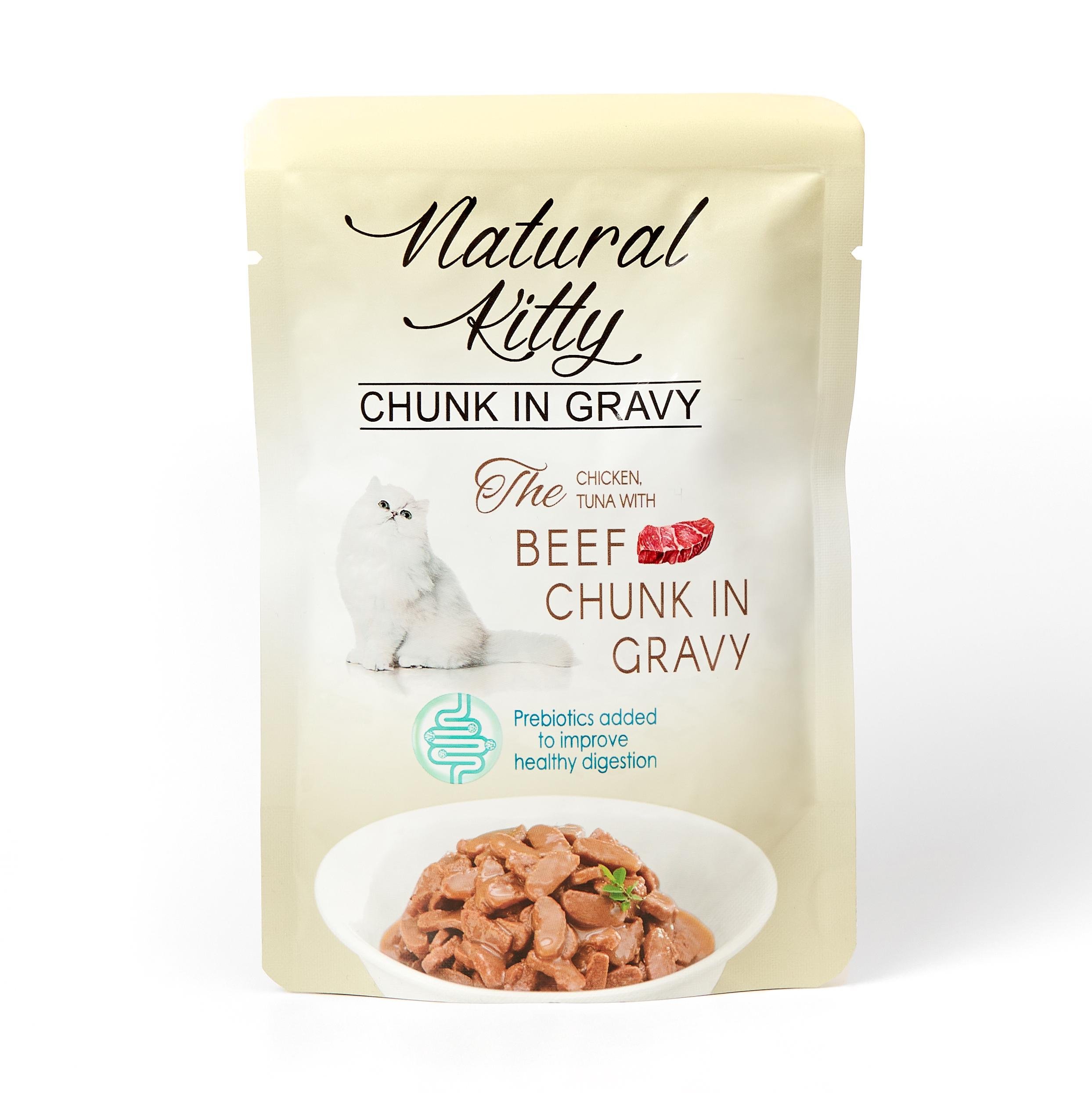 Павуки для котів Natural Kitty Chunk in Gravy Chicken Tuna with Beef шматочки курки та тунця з яловичою печінкою в соусі 85 г (NKS240803)