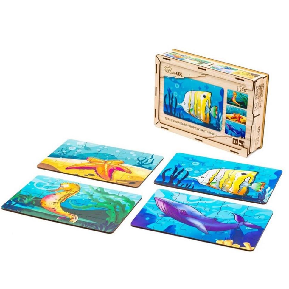 Пазл дерев'яний дитячий Морські жителі 4 в 1 Puz-57896 80 ел. (RLT52638) - фото 5
