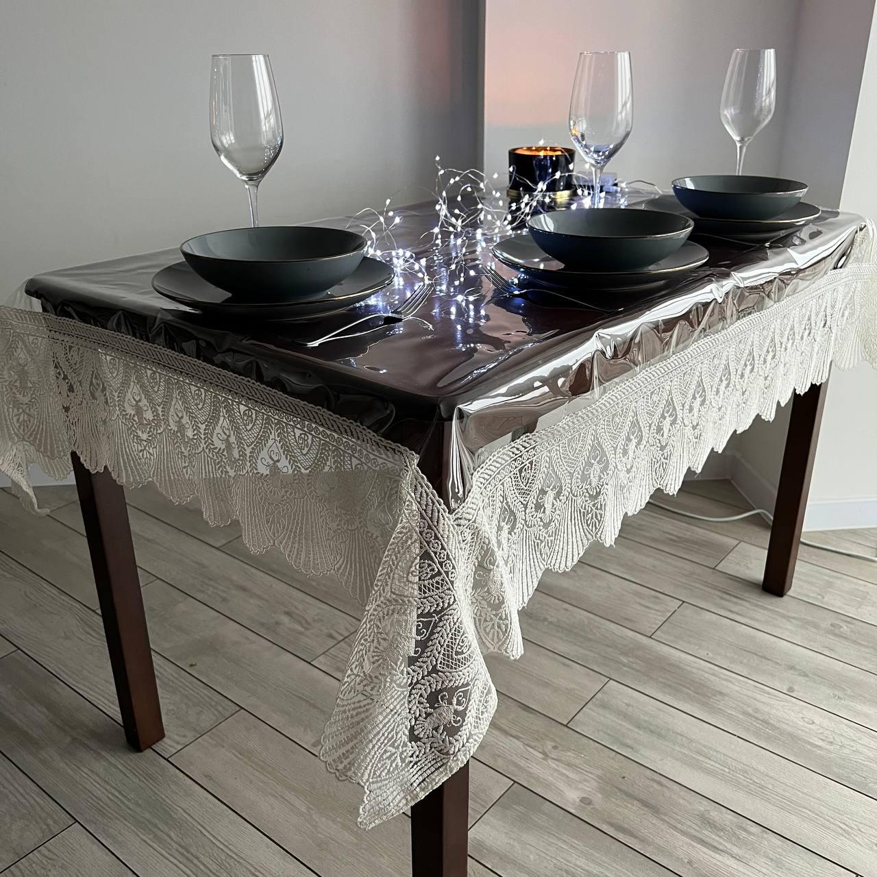 Скатертина з мереживом Версаль силіконова прямокутна 120x150 см Молочний (1003M-p1)