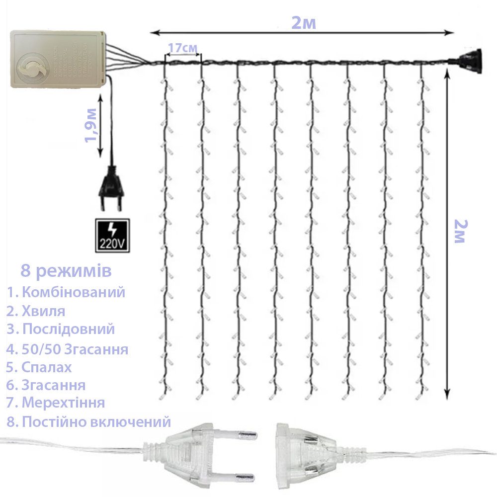 Гірлянда світлодіодна Xmas Завіса з пультом на 204 лампочки 3x2 м Різнокольоровий (1664281641) - фото 3
