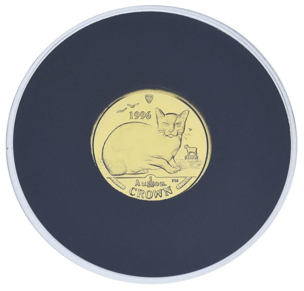 Коллекционная монета Остров Мэн 1 крона 1996/2008 золото Proof Кот Бурма 1/20 унции