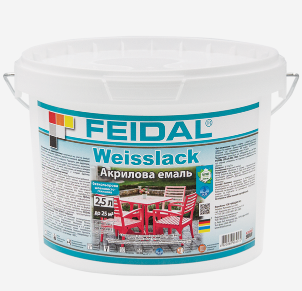 Лак акриловый Feidal Weisslack для внутренних и наружных работ база ТR шелковисто-глянцевая 2,5 л Прозрачный (1816687502)
