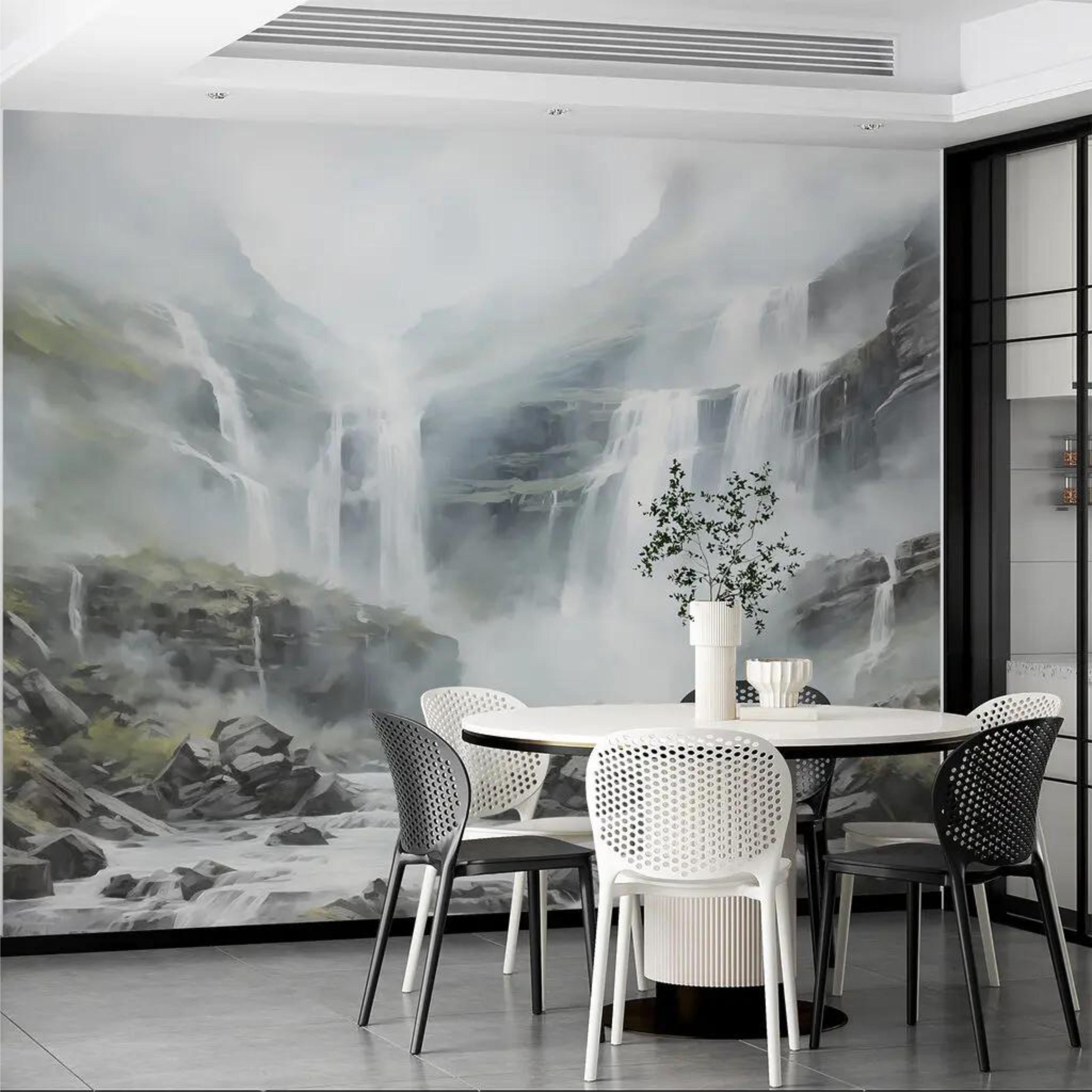 Фотообои Водопад в туманных горах Разноцветный (000362)