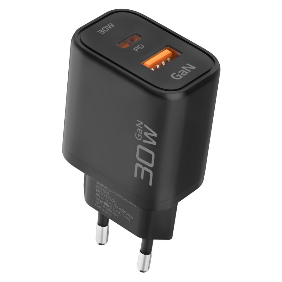 Зарядний пристрій мережевий Ridea RW-GaN30BPAC Boost Pro GaN 30 Вт PD/QC/PPS 1×USB-C + 1×USB-A EU вилка 110-240 В Black (37984223)