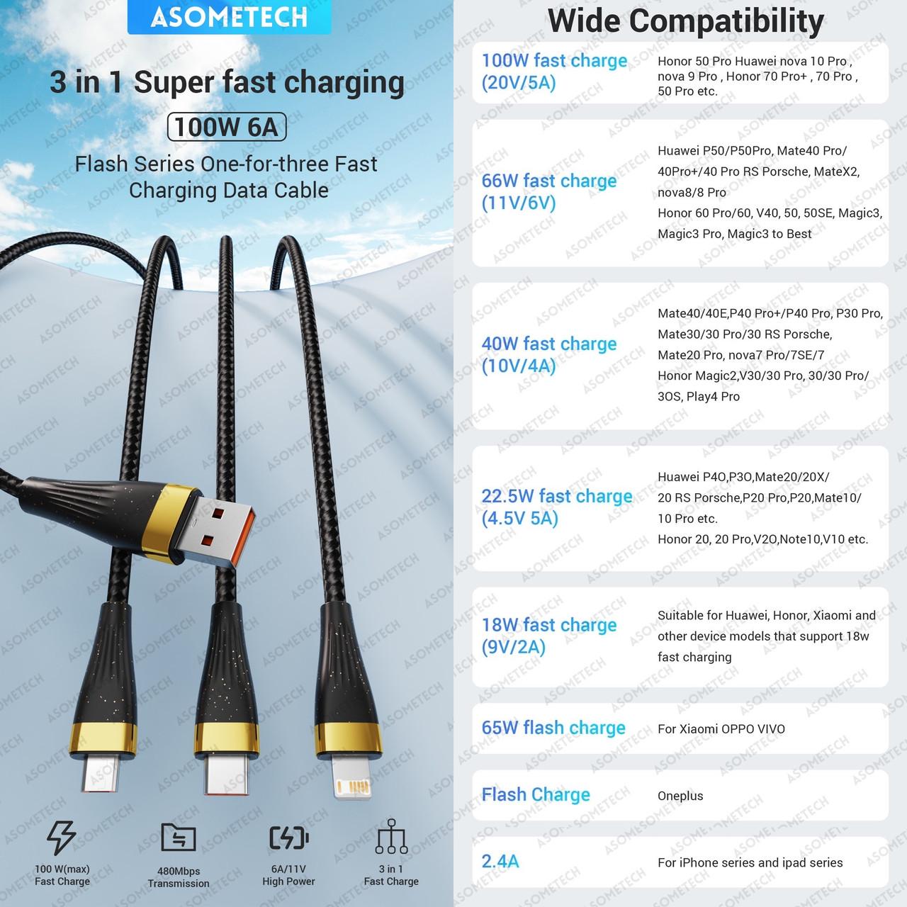 Кабель Asometech 100w Type-C/Lightning/microUSB - USB 125 см (25397465) - фото 8