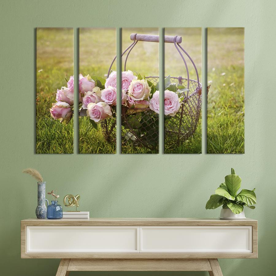 Картина на холсте Розовые розы в ажурной корзине 155x95 см (986-51)