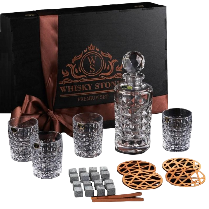 Подарочный набор для алкоголя камни для виски Whiskey Stones 16 шт./4 хрустальных стакана Bohemia Diamond 280 мл и графин 650 мл