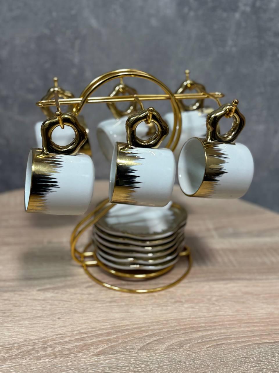 Сервиз кофейный YIWU FM-46 фарфоровый на металлической подставке 100 мл 12 пр. 6 персон Белый с золотистым