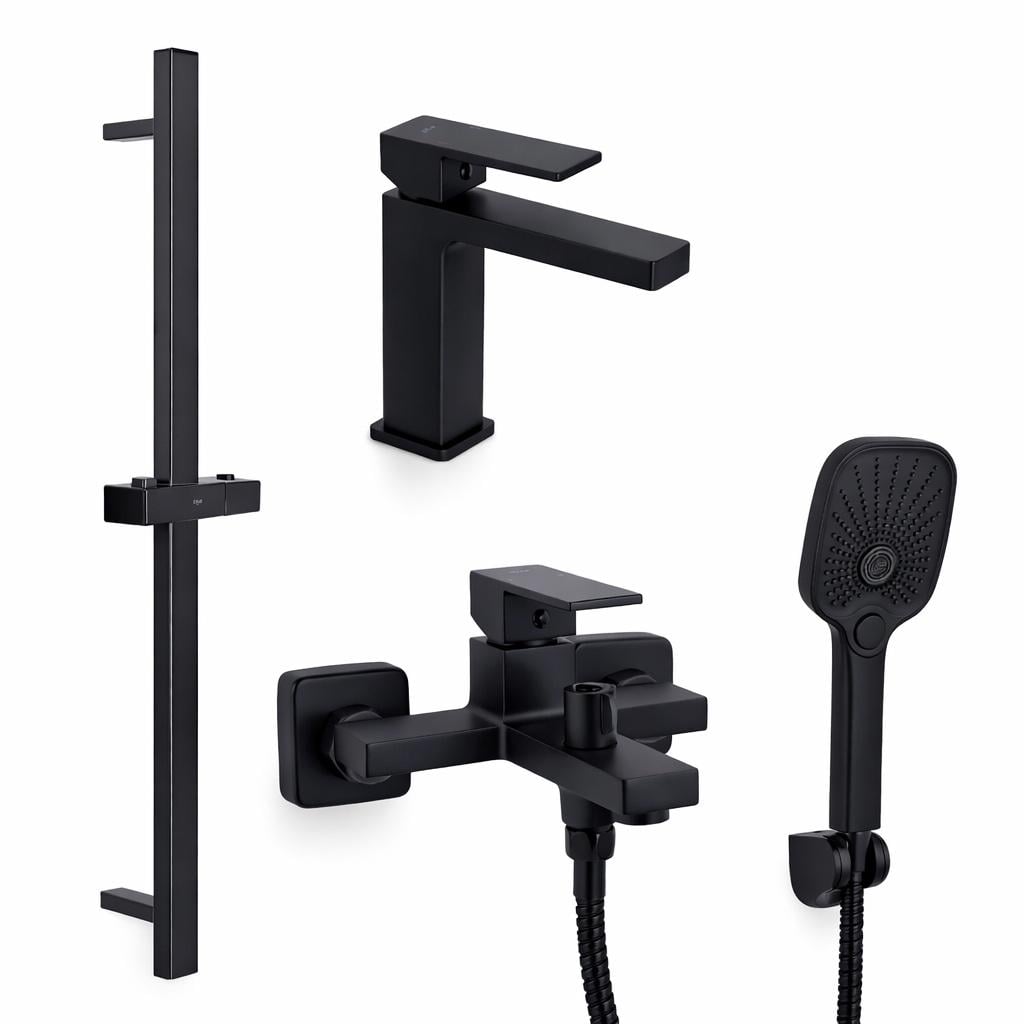 Комплект смесителей Qtap Gemini для ванной 3в1 умывальник/ванная/душевая стойка с ручным душем Черный (4568245674) Комплект смесителей Qtap Gemini для ванной 3в1 умывальник/ванная/душевая стойка с ручным душем Черный (4568245674)