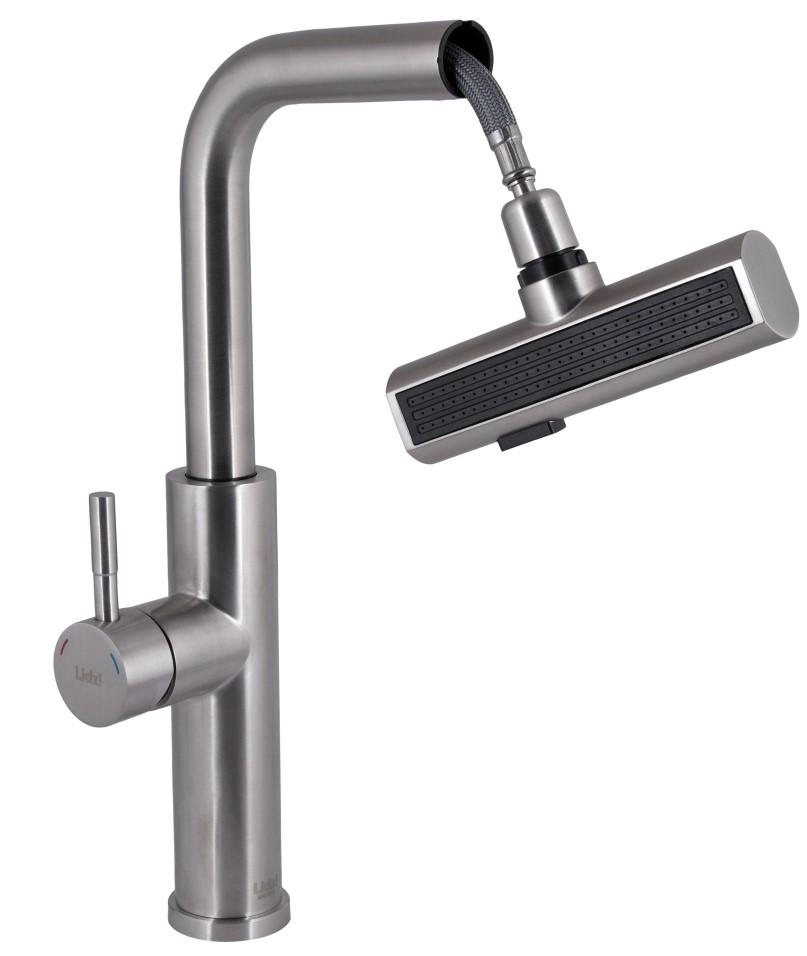 Смеситель для кухни Lidz Aria 015FLT k35 с выдвижным мультифункциональным изливом-лейкой Nickel (LDARI015FLTNKS37643)