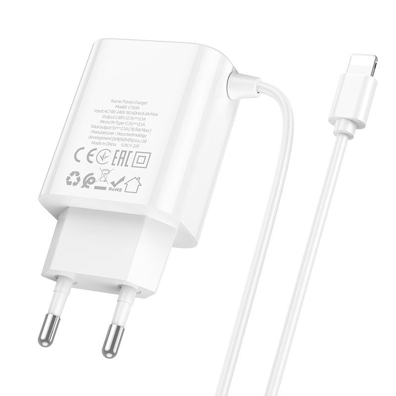 Зарядний пристрій Hoco C103A кабель Lightning 2.1A White (7f5eaf6e)