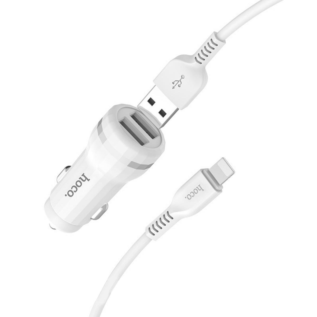 Зарядний пристрій автомобільний Hoco Z27 Staunch dual port in-car charger set with Lightning 2 USB 2.4 A White (01273)