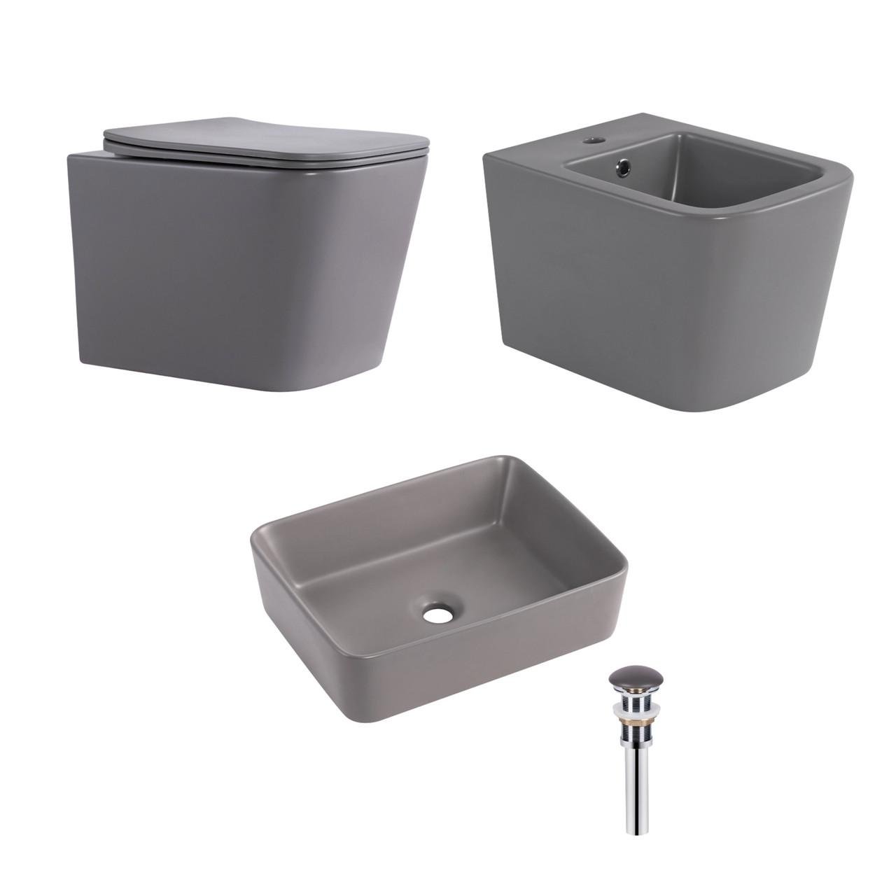 Комплект Qtap Tern Stone 3 в 1 подвесной унитаз Ultra Quiet/биде подвесное/раковина накладная Grey (QTTERSG49162)