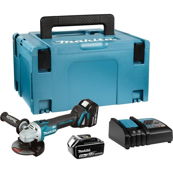 Аккумуляторная угловая бесщеточная шлифмашина Makita DGA504RTJ + 2 акб 18V 5 Ah + З/У DC18RC + кейс MakPac болгарка шлифмашинка УШМ (18В,125мм) (4006)