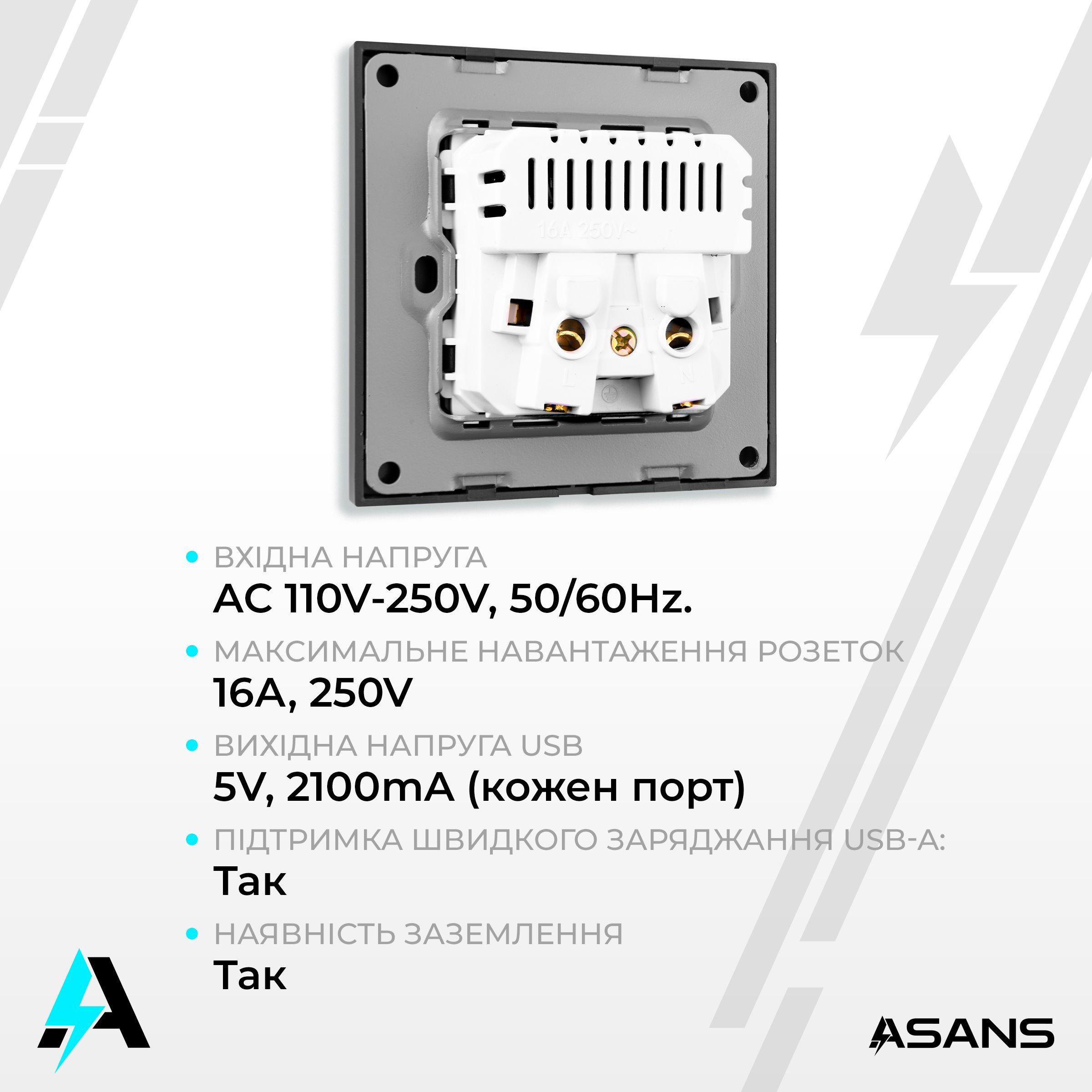 Розетка европейская Asans с двумя USB портами 2,1А Черный матовый (20102068) - фото 4