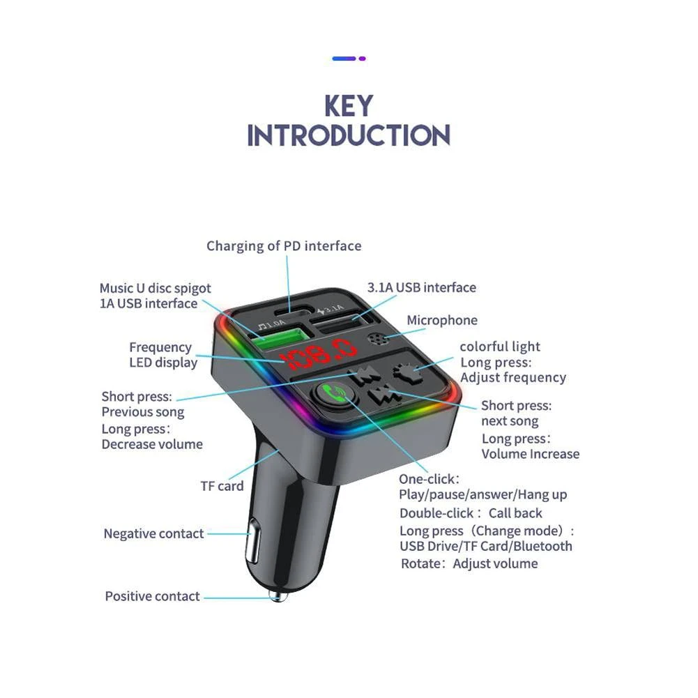 FM-трансмітер CAR F18 RGB 12-24V Wireless car kit 2 USB (14422012) - фото 6