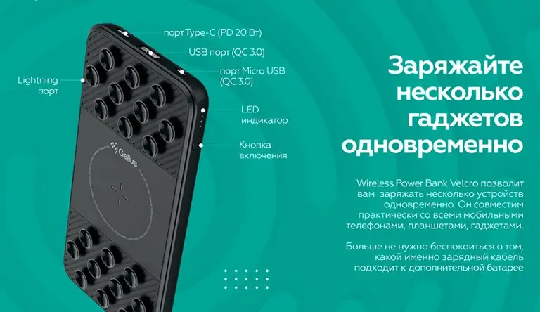 Батарея портативная Gelius Pro Velcro GP-PBW1120 10000 mAh Black - фото 4 Батарея портативная Gelius Pro Velcro GP-PBW1120 10000 mAh Black - фото 4