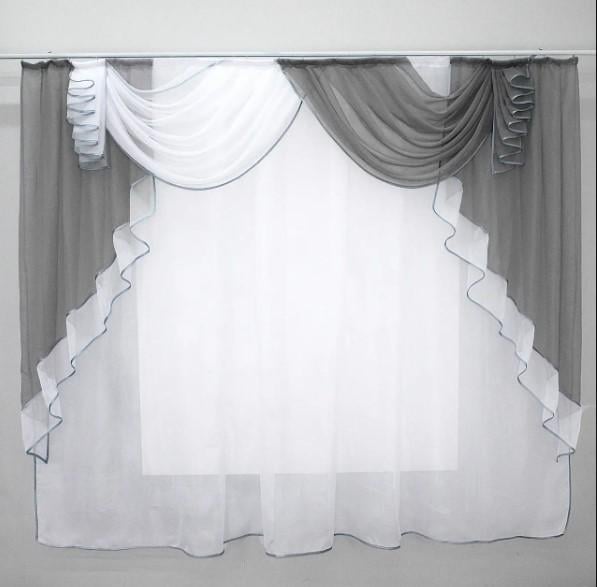Комплект ламбрекен/тюль на кухню/балкон 200х170 см Серый/Белый (093к) Комплект ламбрекен/тюль на кухню/балкон 200х170 см Серый/Белый (093к)