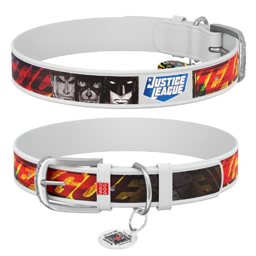 Ошейник для собак кожаный Waudog Design Лига справедливости с QR паспортом S 15 мм 26-35 см