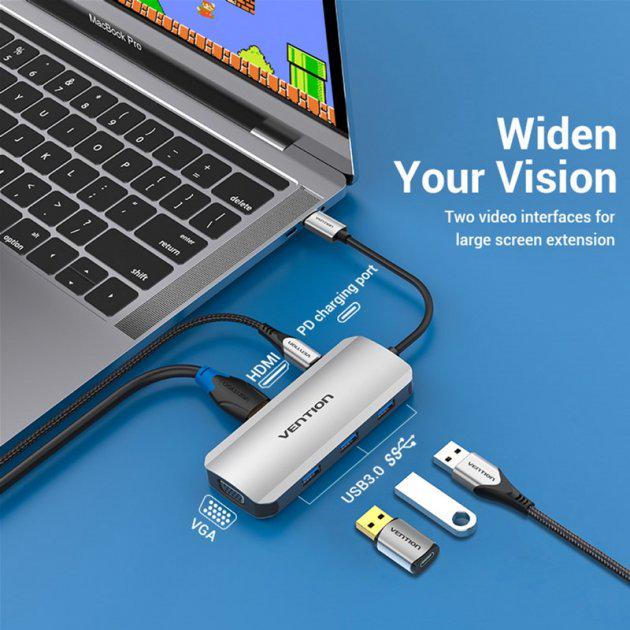 Концентратор Vention USB3,1 Type-C - HDMI/VGA/USB 3,0x3/PD 100 Вт HUB 6в1 (TOIHB) - фото 2