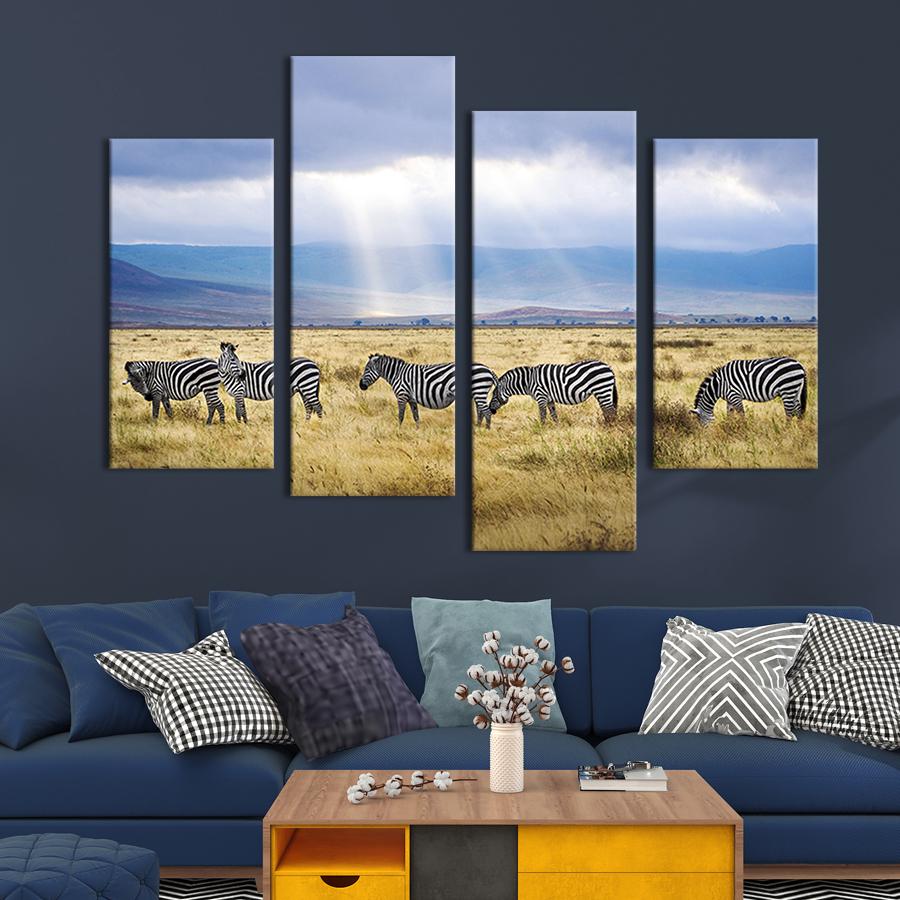 Модульная картина из четырех частей на холсте интерьерная картина Семейство зебр 129x90 см (193-42)