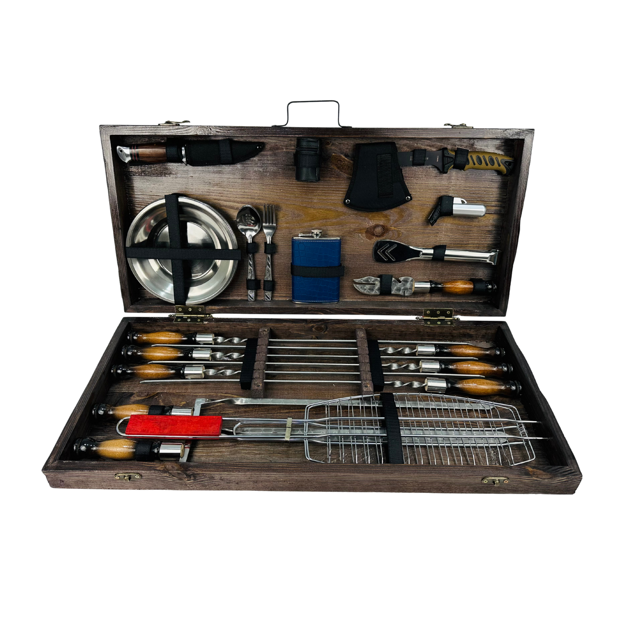 Набор шампуров туристический для пикника и кемпинга Шашлычник в кейсе из дерева