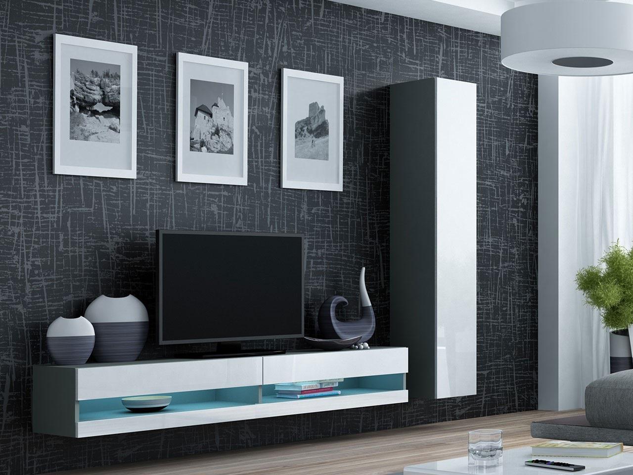 Стенка в гостиную комплект Сama Vigo New 9 из ламинированной ДСП без подсветки Серый матовый/Белый глянец (22083) - фото 3 Стенка в гостиную комплект Сama Vigo New 9 из ламинированной ДСП без подсветки Серый матовый/Белый глянец (22083) - фото 3