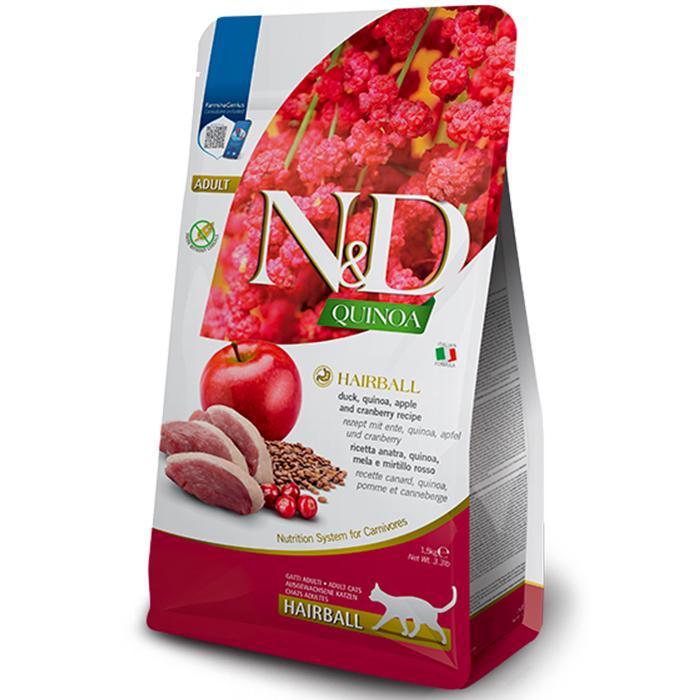 Корм сухой беззерновой Farmina N&D Quinoa Hairball ADULT для кошек для выведения шерсти из желудка с уткой 300 г (177894)