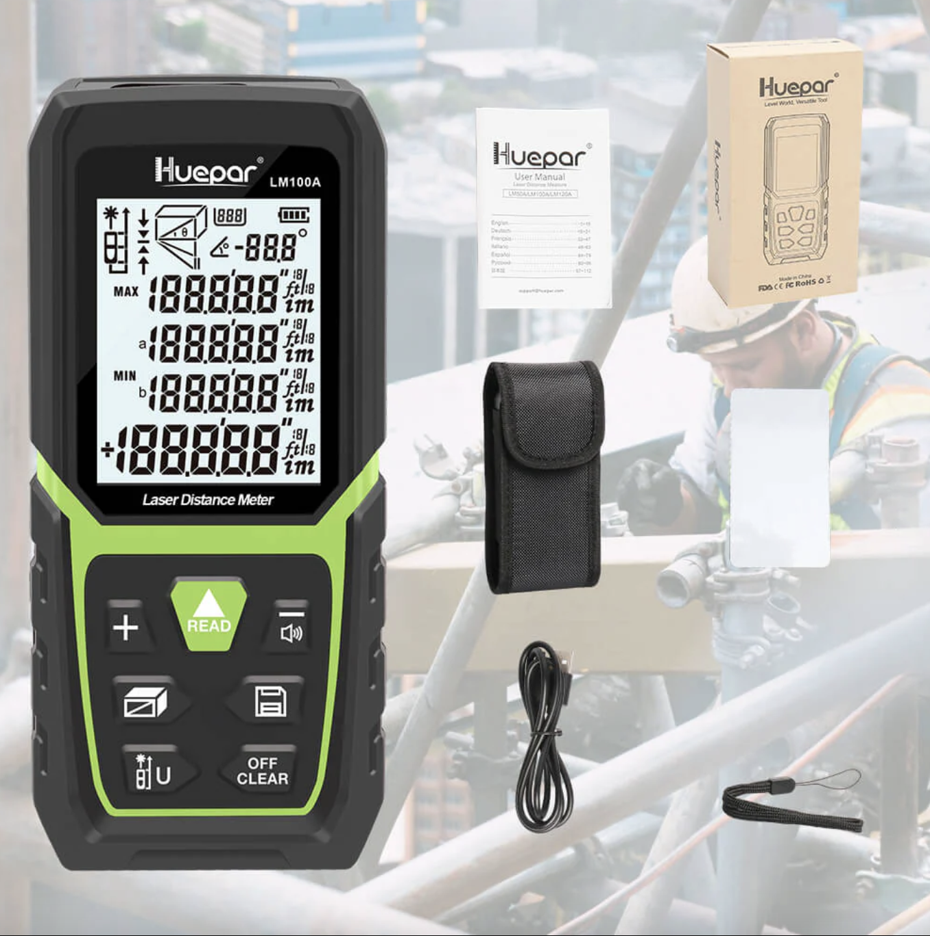 Лазерный дальномер Huepar LM100A аккумуляторный для измерения длины/площади/объема 100 м (25988470) - фото 3 Лазерный дальномер Huepar LM100A аккумуляторный для измерения длины/площади/объема 100 м (25988470) - фото 3