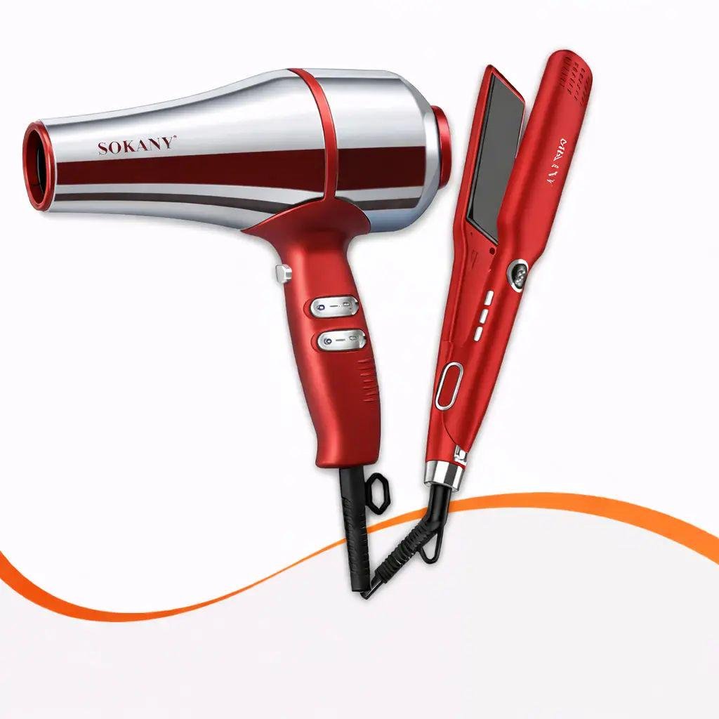 Набор для укладки волос Sokany SK-14035 2в1 Фен 2600 Вт с 3 насадками и выпрямитель с 11 режимами нагрева Красный