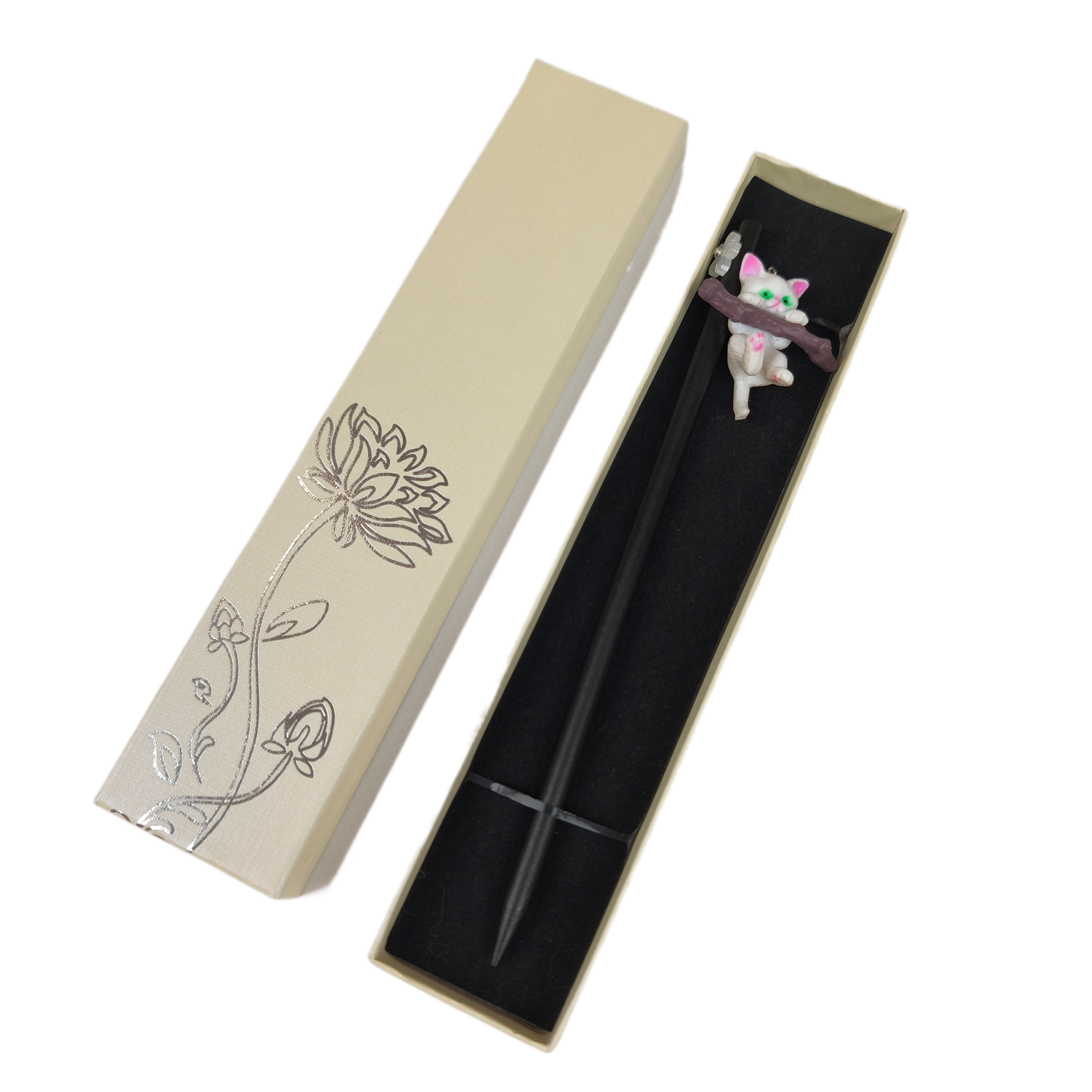 Шпилька-палочка для волос Котик азиатский стиль деревянная в подарочной коробке Черный (R8110)