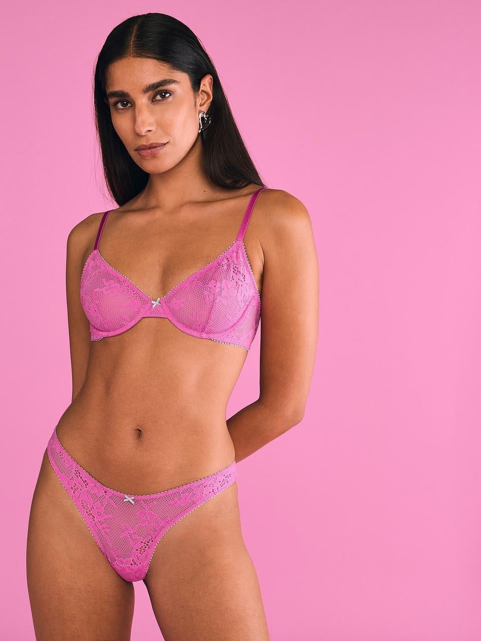 Комплект нижнего белья с кружевом Victoria's Secret Tease Lace-Trim 75C/M Розовый (583986551254)