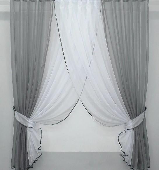 Шторки кухонные с подвязками 400х170 см Серый/Белый (096к) Шторки кухонные с подвязками 400х170 см Серый/Белый (096к)