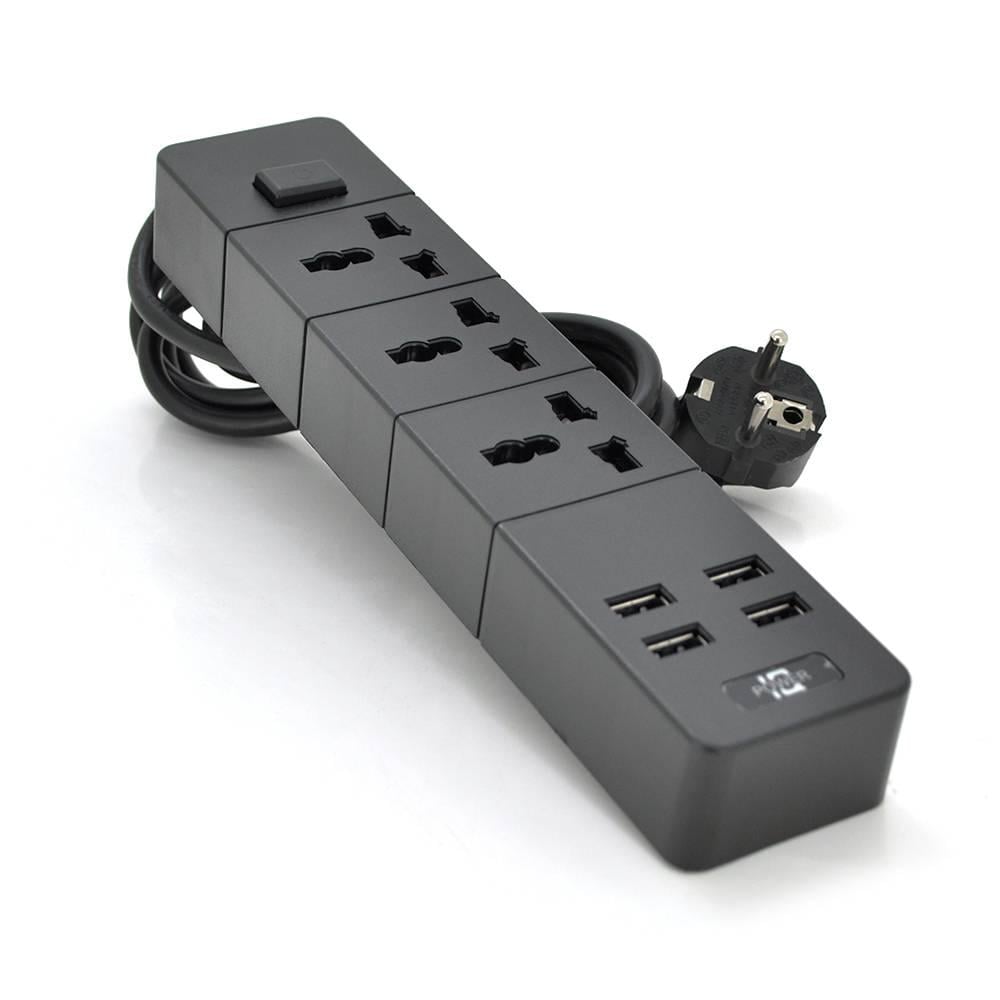 Фільтр мережевий ТВ-Т08 3 розетки/4 USB 2500W перетин 3х0,5 мм 2 м Box Black (43894)