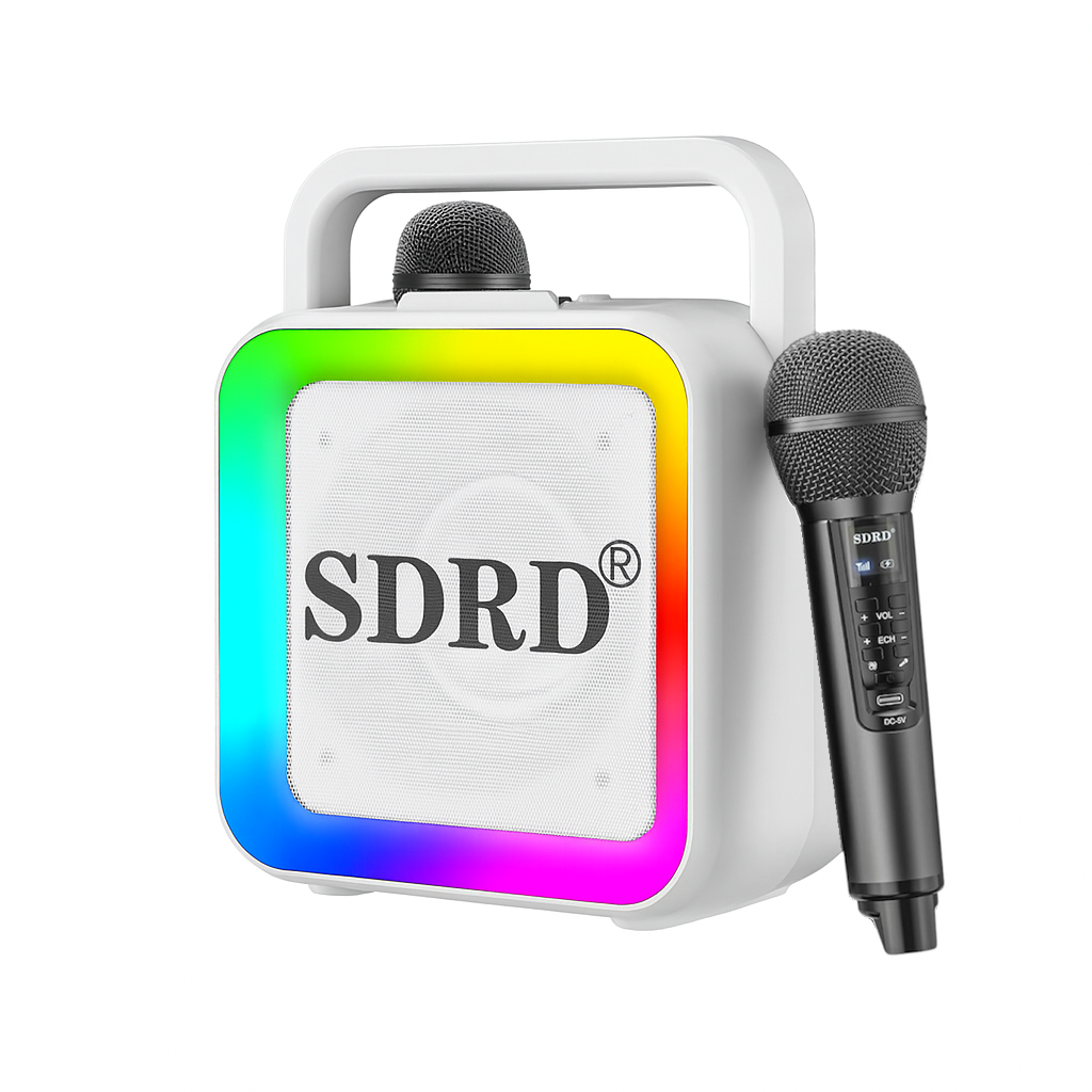 Караоке система портативная блютуз sdrd на два беспроводных микрофона с функцией смены голоса и led подсветкой Белый
