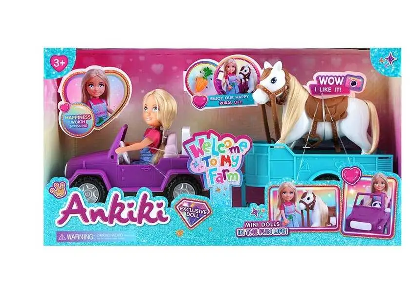 Лялька з аксесуарами 606015 машинка з причепом/кінь/в коробці 13 см