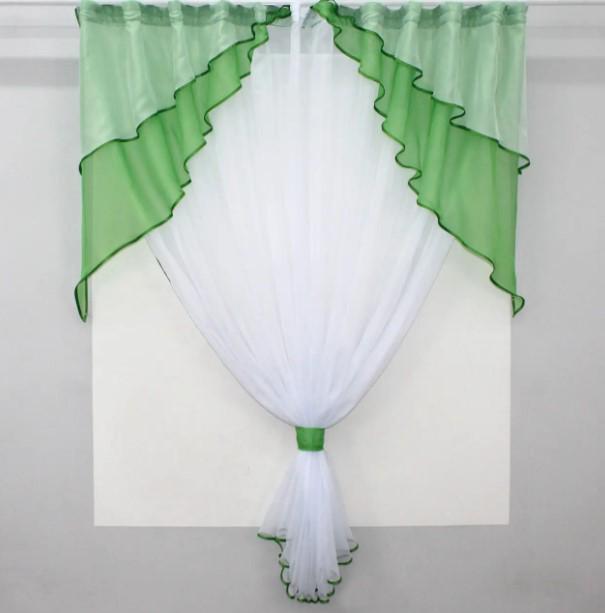 Шторки на кухню тюль/ламбрекен 280х170 см Темно-салатовый/Белый (114к)