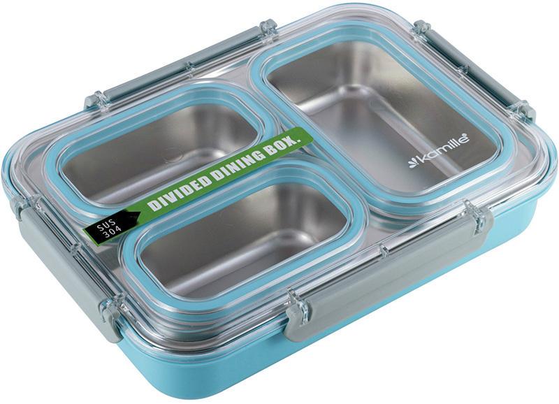 Ланч-бокс Kamille Snack на 3 секции пластик и нержавеющая сталь 1200 мл Голубой