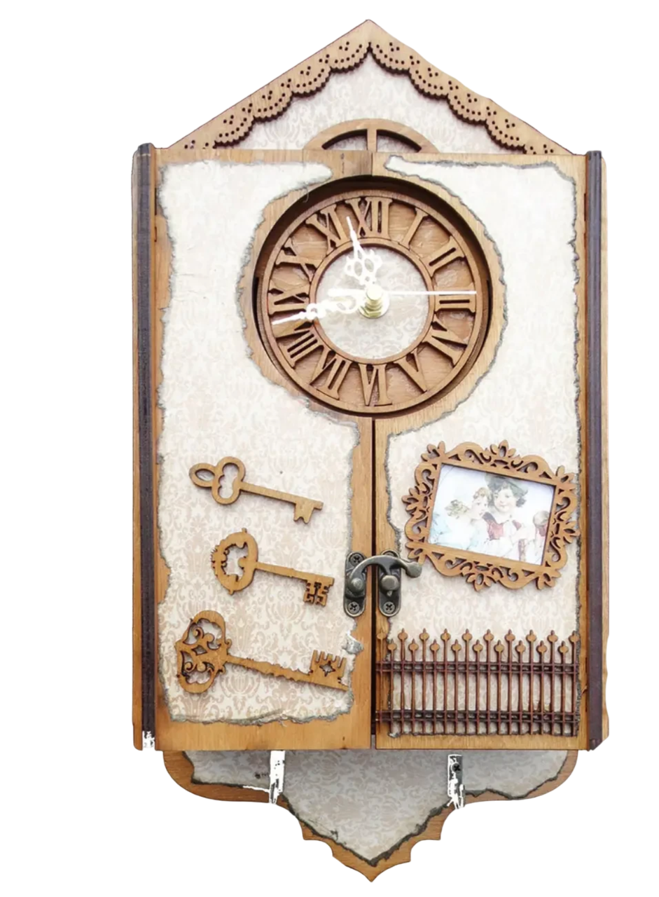 Ключница настенная Хатинка винтажная с часами двухстворчатая для 4 пар ключей (CNT00012041)